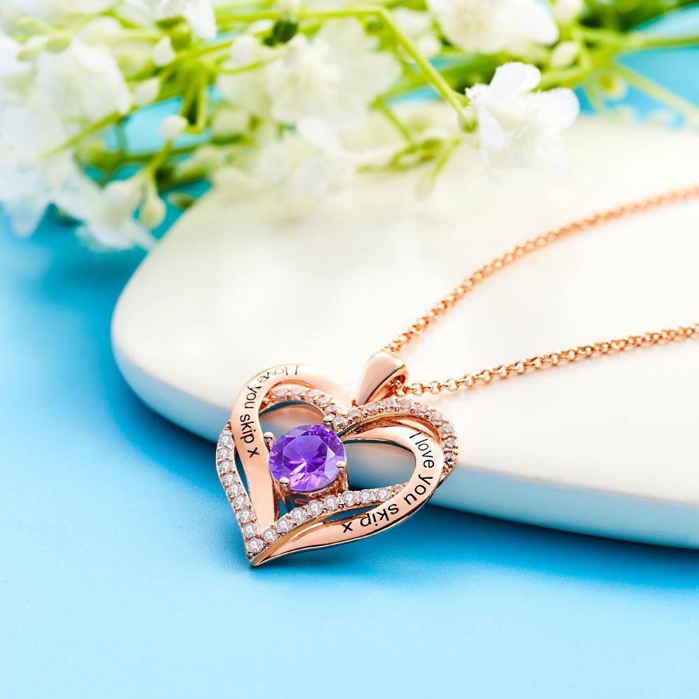 Double Heart - Personalized Couple Diamond Heart Pendant Necklace With Birthstone