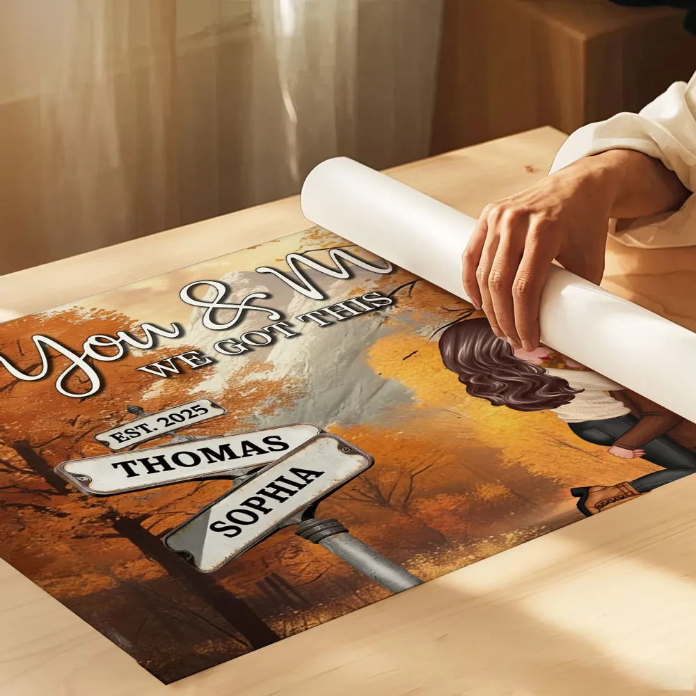 Personalized Couple Kissing at Crossroads Street Sign Poster, Cozy Autumn Wall Art, Unique Gift for Couples