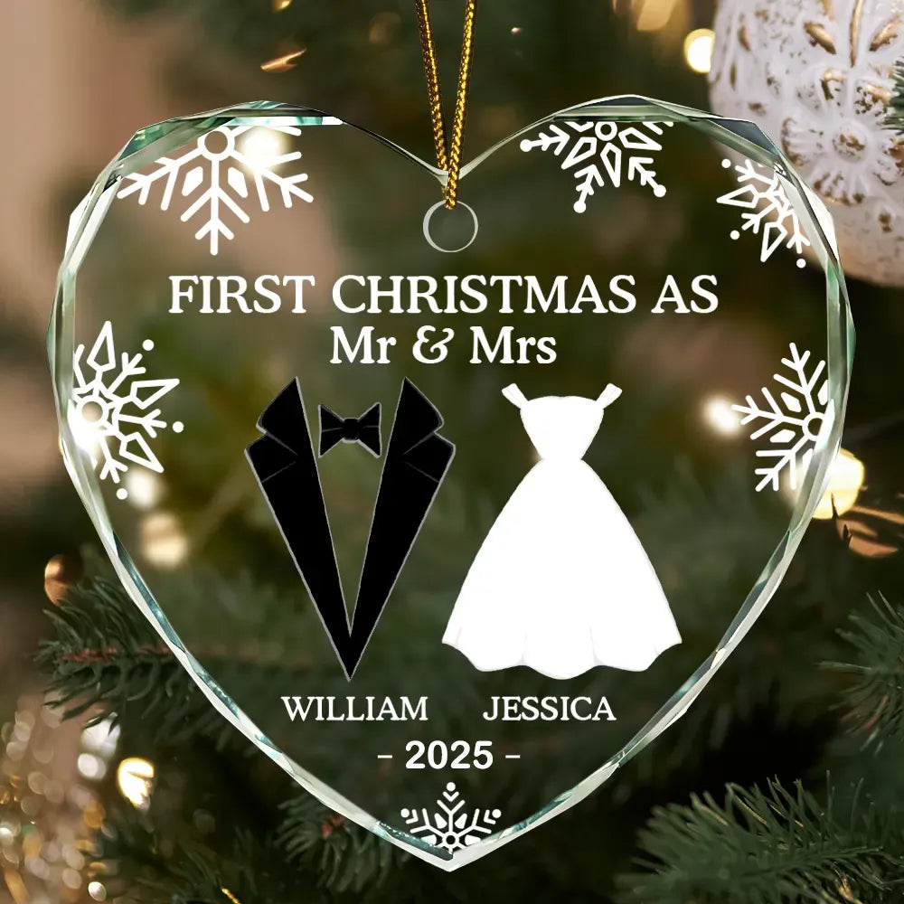 “First Christmas as Mr & Mrs” Crystal Heart Ornament, Personalized Newlywed Keepsake Gift