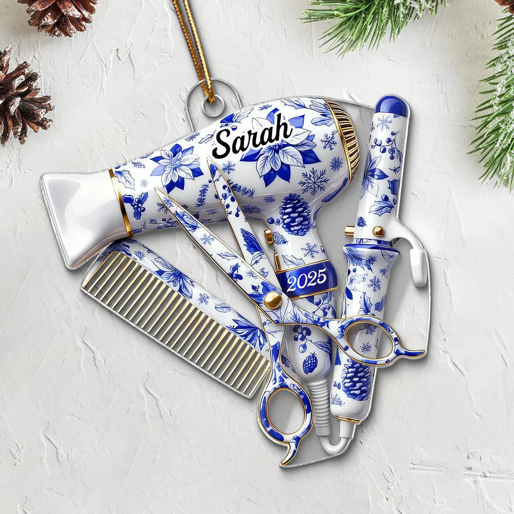 Hairdresser Things Acrylic Ornament with Custom Name – Elegant Blue Floral Salon Tool Design, Festive Tree Decor and Creative Gift for Your Favorite Stylist