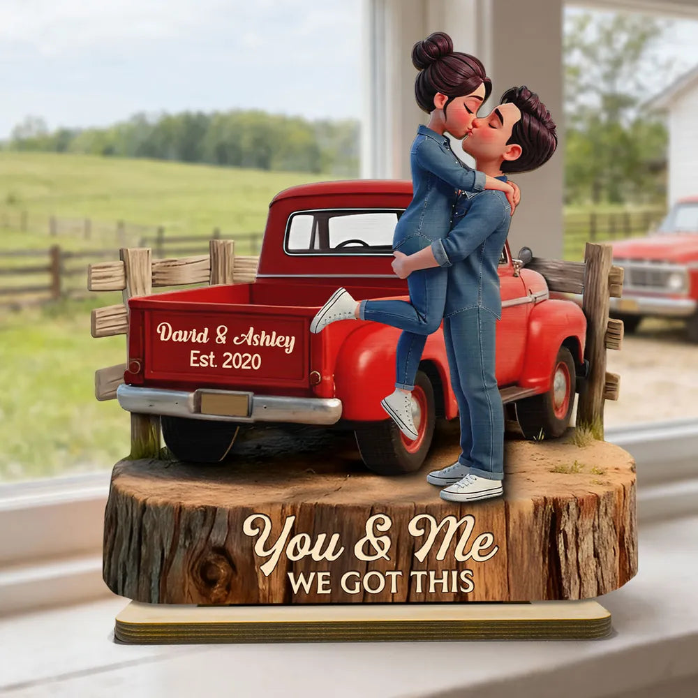 Personalized 2-Layer Wooden Plaque with Kissing Couple in Red Pickup Truck, Farmhouse Decor, Unique Gift for Couples
