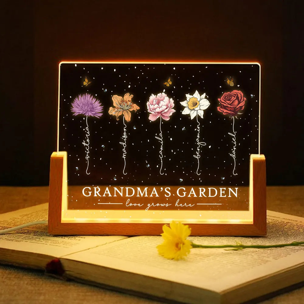 Custom LED Frame Poster - Birth Month Flower Art with Grandkids' Names
