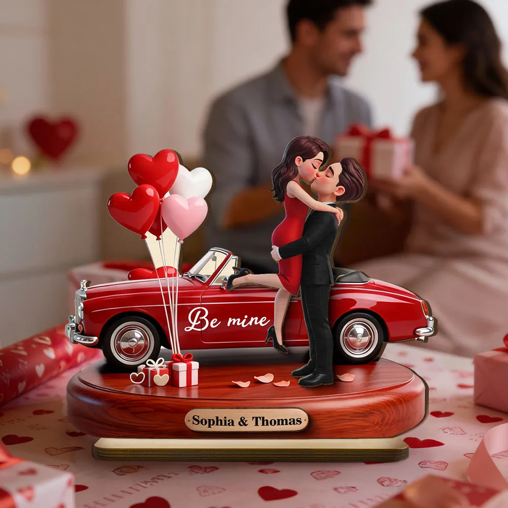 Romantic Personalized Wooden Plaque with Hugging Kissing Couple and Heart Balloons, Sweet Be Mine Gift for Couples and Valentine Decor