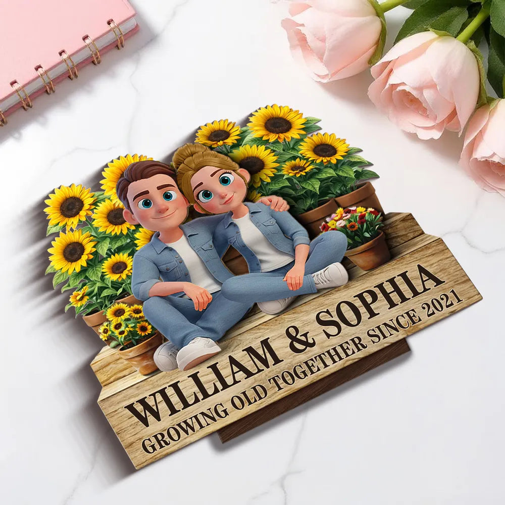 Growing Old Together Since 2-Layer Wooden Plaque with Cozy Couple and Sunflowers Unique Anniversary Gift for Him or Her