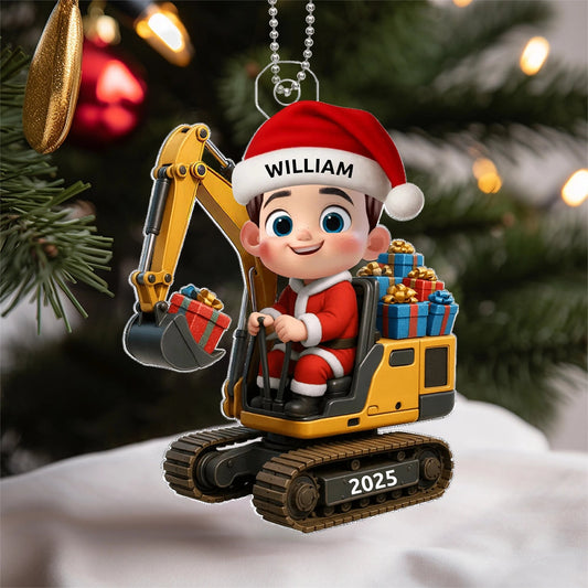 Christmas Acrylic Ornament with Cute Excavator and Santa Kid – Festive Decoration & Perfect Gift for Children