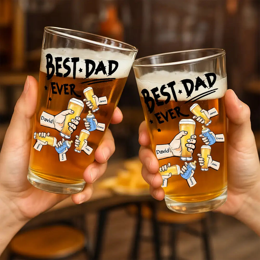 “Best Dad Ever” Personalized Beer Glass – Custom Cheers Design with Kid Names