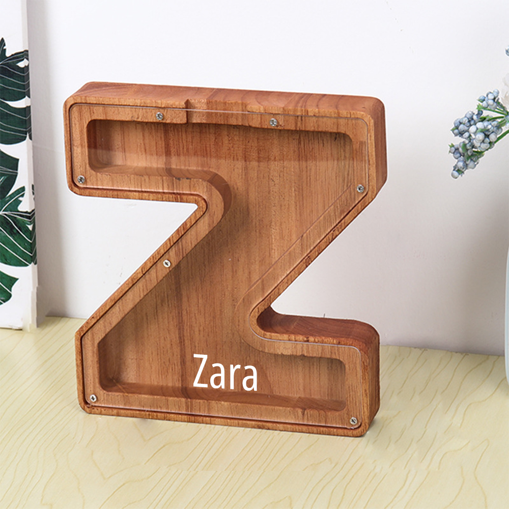 Custom Initial And Name - Personalized Letter And Name Brown Wooden Piggy Bank