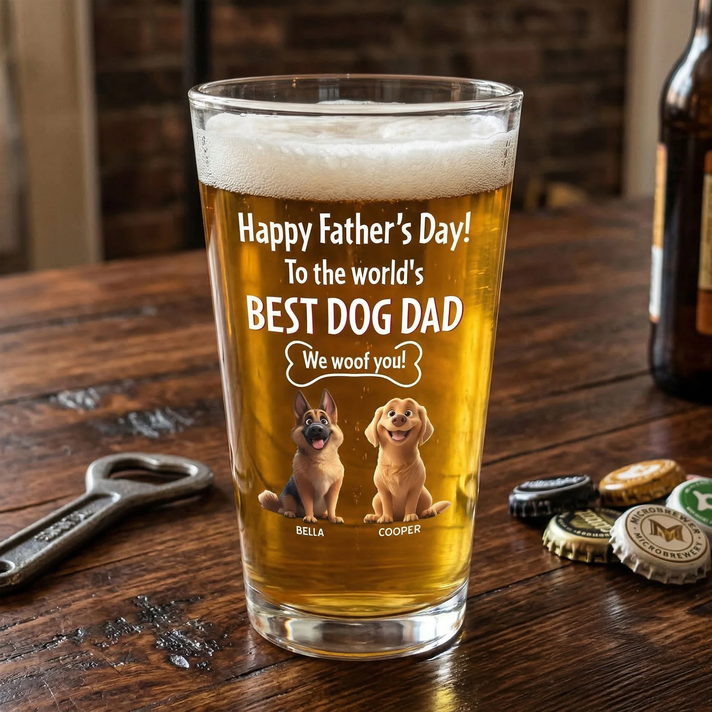 Happy Father's Day Best Dog Dad Personalized Beer Glass - Custom Pet Lover Gift for Dad, Classy Home Bar Display