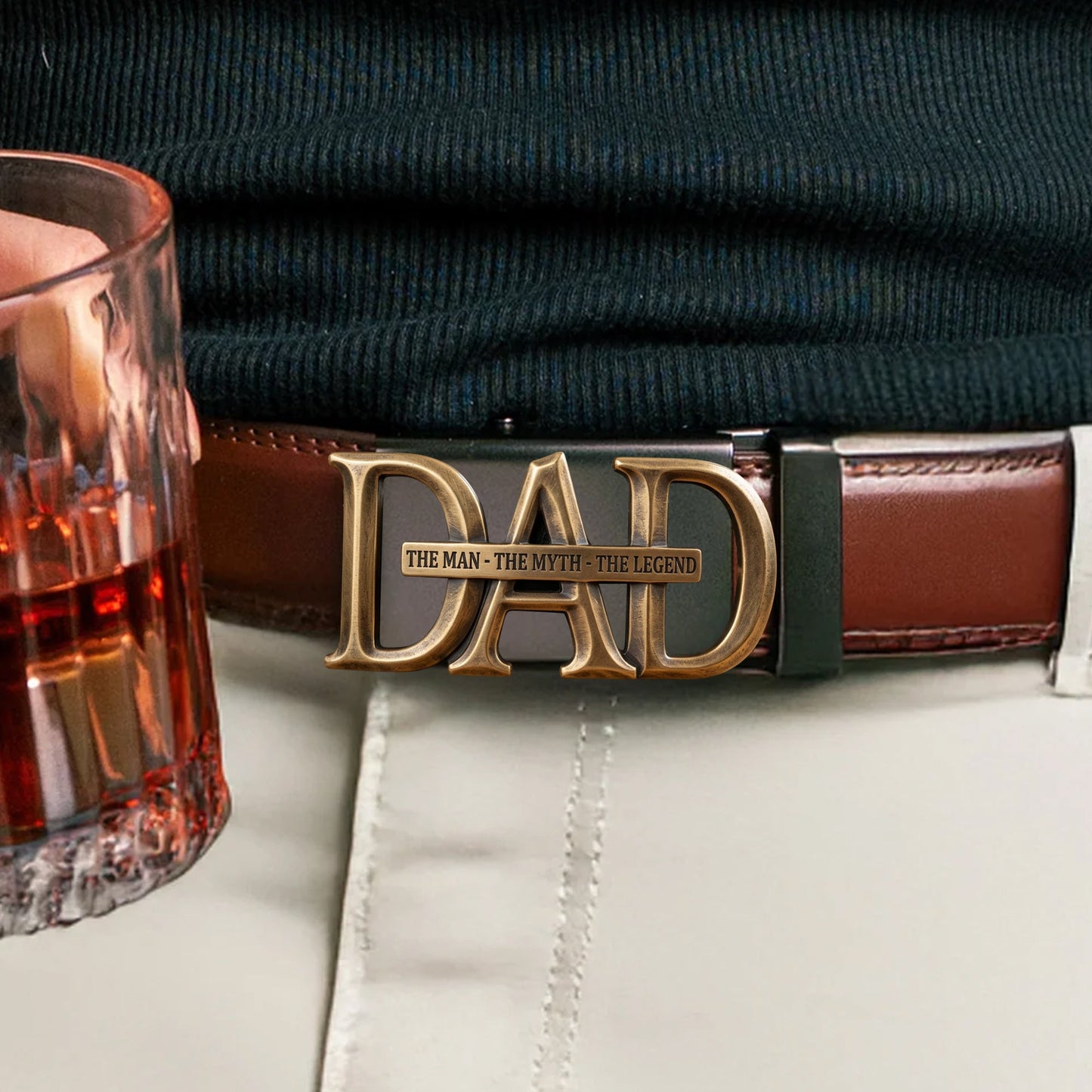Custom Gift For Dad, Grandpa - Personalized Father Leather Belt With Shaped Buckle
