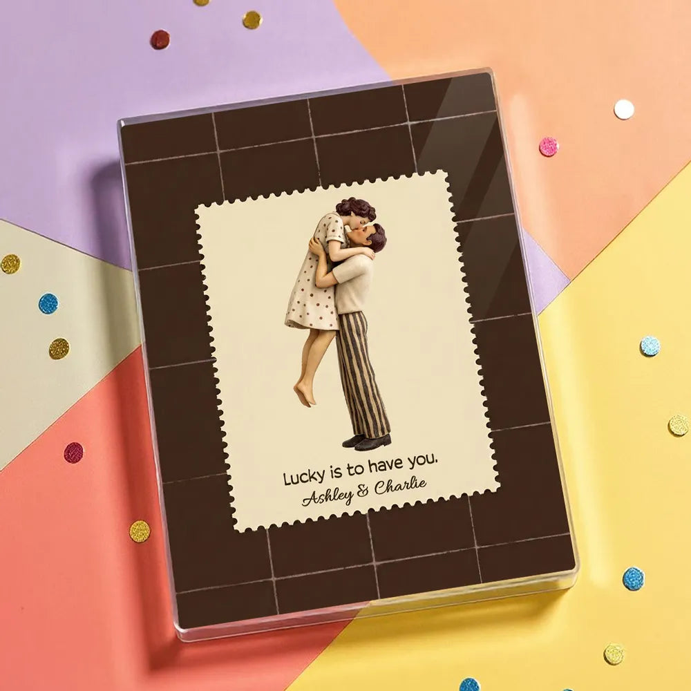Lucky Is To Have You Rectangle Acrylic Block Plaque, Mid-Century Kiss Couple Desk Decor, Unique Valentine's Day Gift
