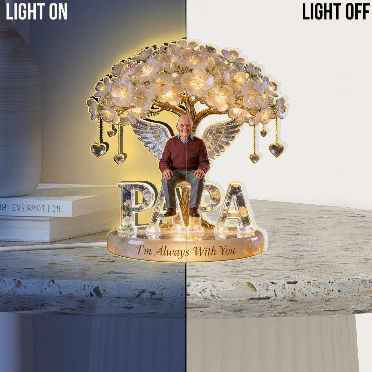 Custom Grandma Always In Our Hearts Angel Wings Figurine, Personalized Memorial Tree Lamp Statue, Sympathy Remembrance Night Light Table Decor