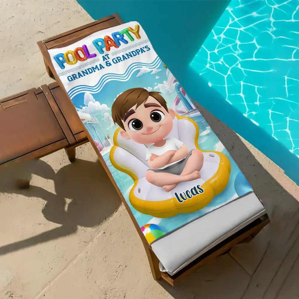 Pool Party at Grandma & Grandpa’s Personalized Beach Towel – Cute Summer Gift for Kids and Grandkids
