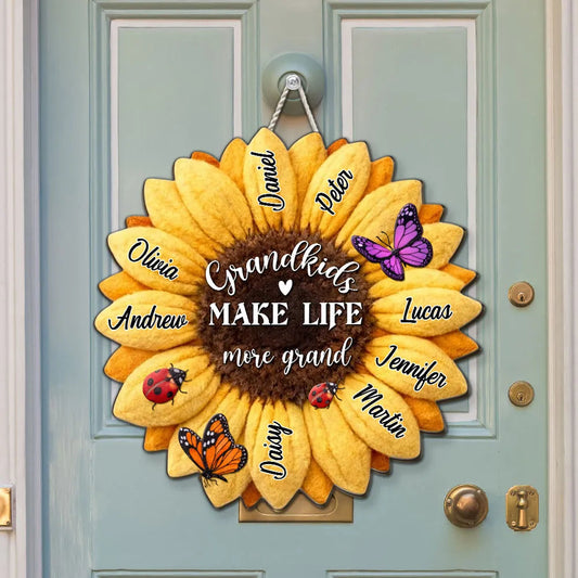 Grandkids Make Life More Grand Wooden Sign Personalized Sunflower With Butterflies Sweet Home Accent Gift for Grandparents
