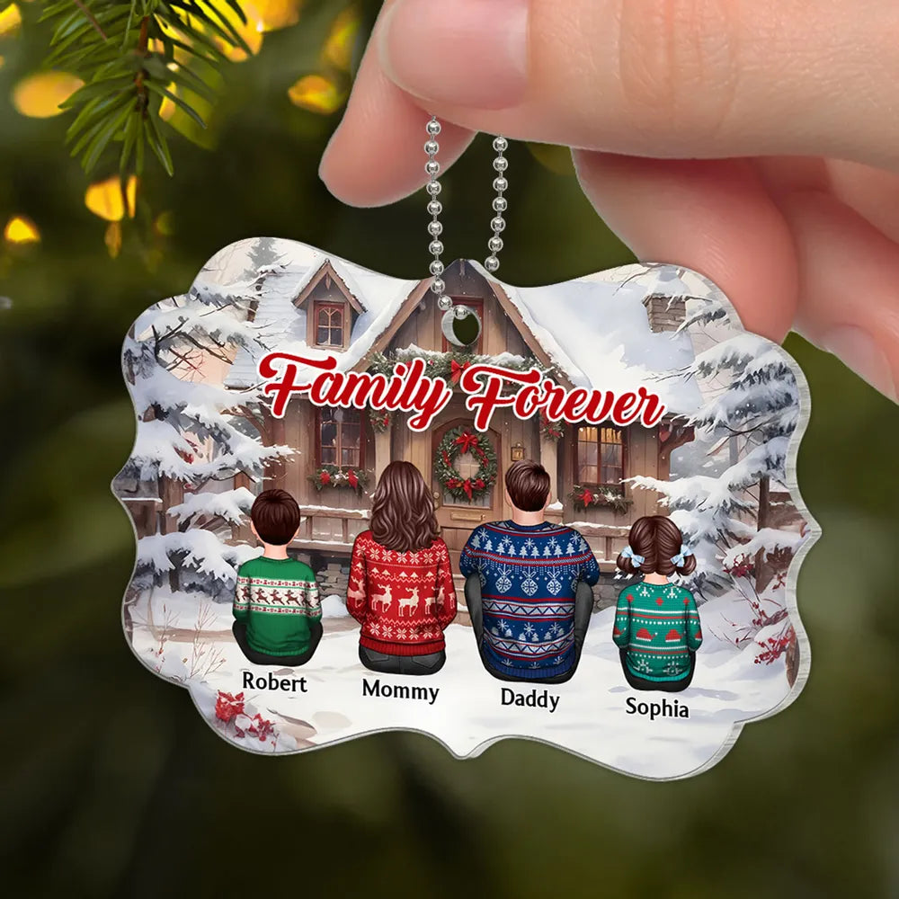Snow House Back View Family Sitting Personalized Ornament or Poster or Plaque or Keychain