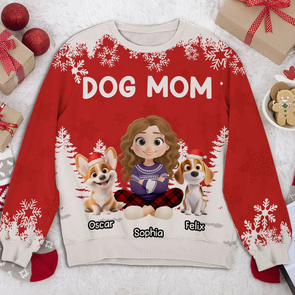 Personalized Dog Mom Printed Sweatshirt with Cartoon Portrait & Puppy, Festive Snowflake Design, Unique Christmas Gift for Pet Lovers