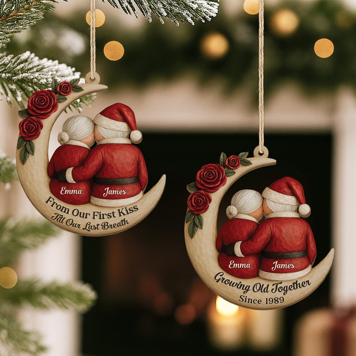 Wooden Ornament, crescent with roses and hugging Santa couple, cozy Christmas decor, creative gift for wife & husband