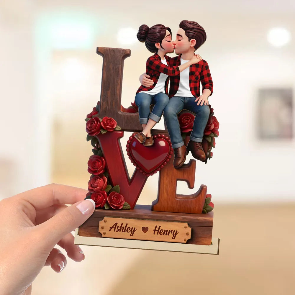 2-Layer Wooden Plaque with Kissing Couple on LOVE and Red Roses - Personalized Keepsake for Anniversary or Valentine's Gift