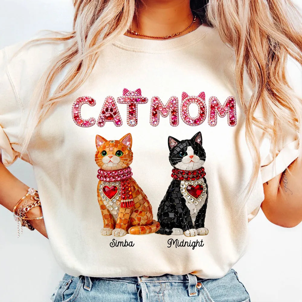 Personalized Cat Mom Classic Tee With Shiny Mosaic Cats, Cute Everyday Wear, Unique Gift for Cat Lovers