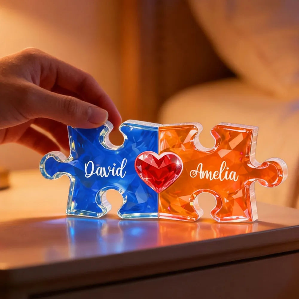 Personalized Puzzle Couple Shaped Acrylic Block Plaque - Heart Keepsake Shelf Decor, Unique Gift for Him or Her
