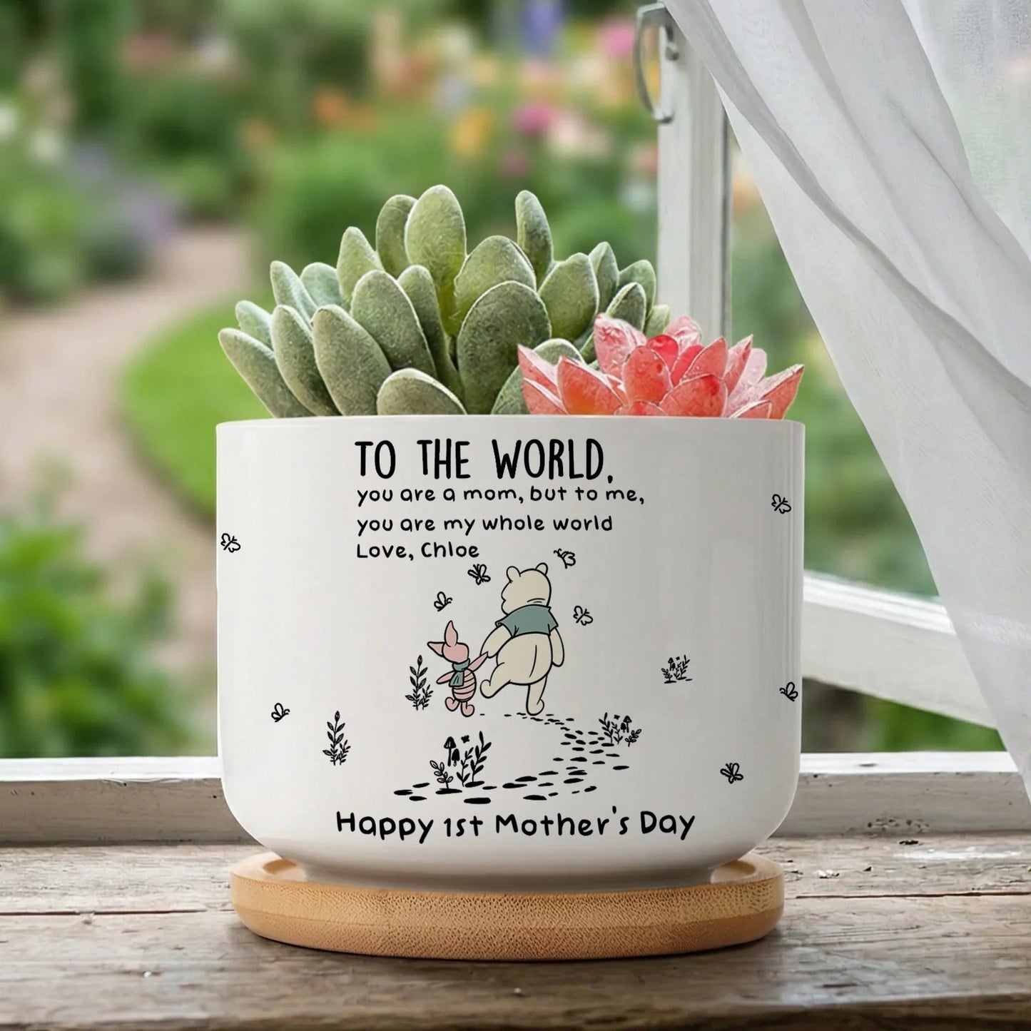 Ceramic Planter with Tray Personalized Gift, Winnie the Pooh Style Mom Quote for Cozy Window Decor, Unique Plant Lover Gift