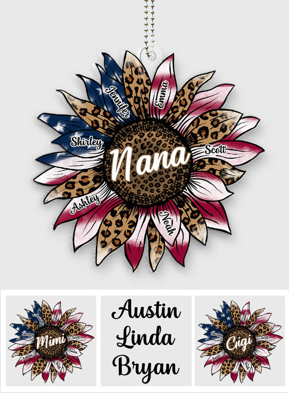 Grandma's Sunflower 4th Of July Flag - Personalized Grandma Custom Shaped Car Ornament