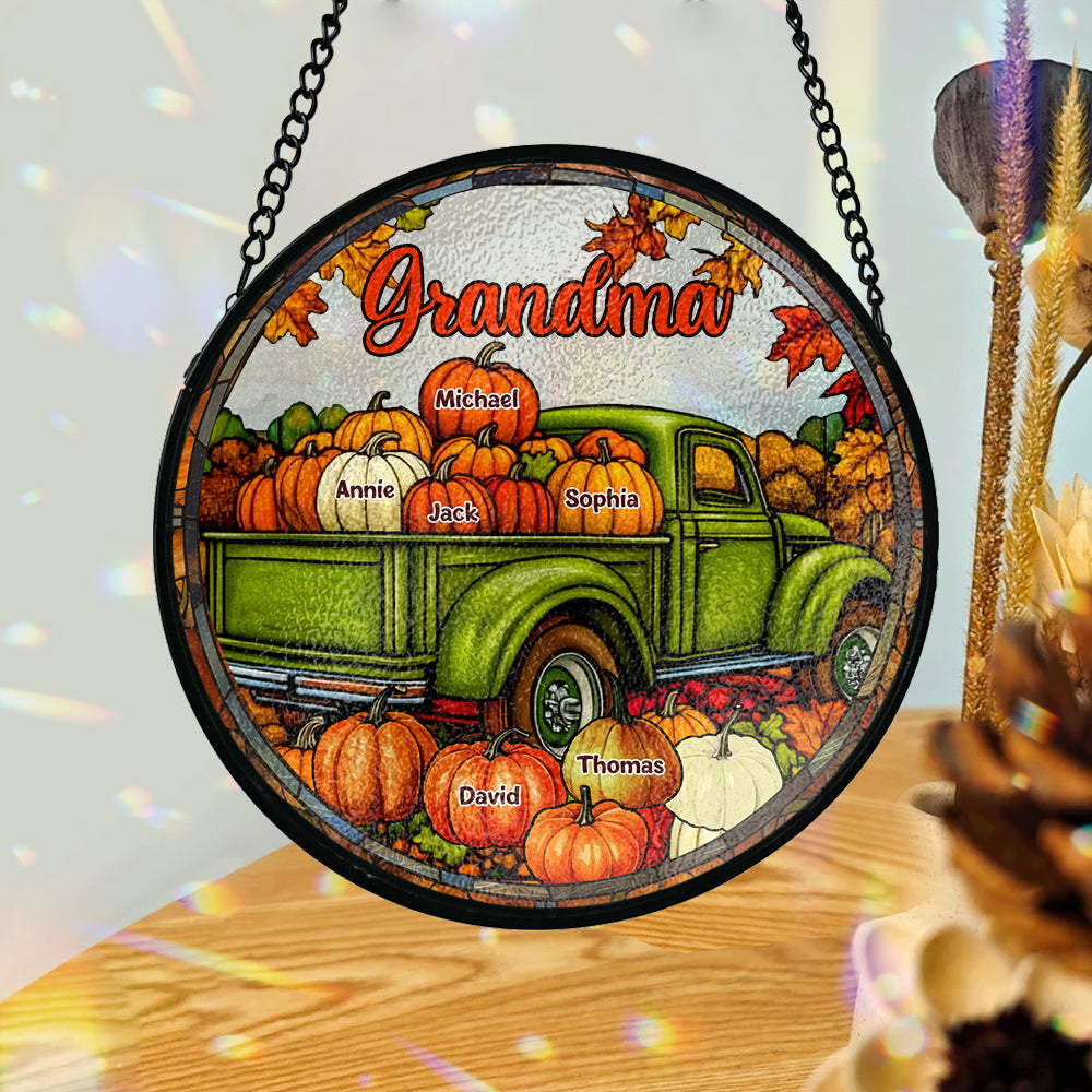 Grandma Fall Truck - Personalized Grandma Stained Glass Suncatcher