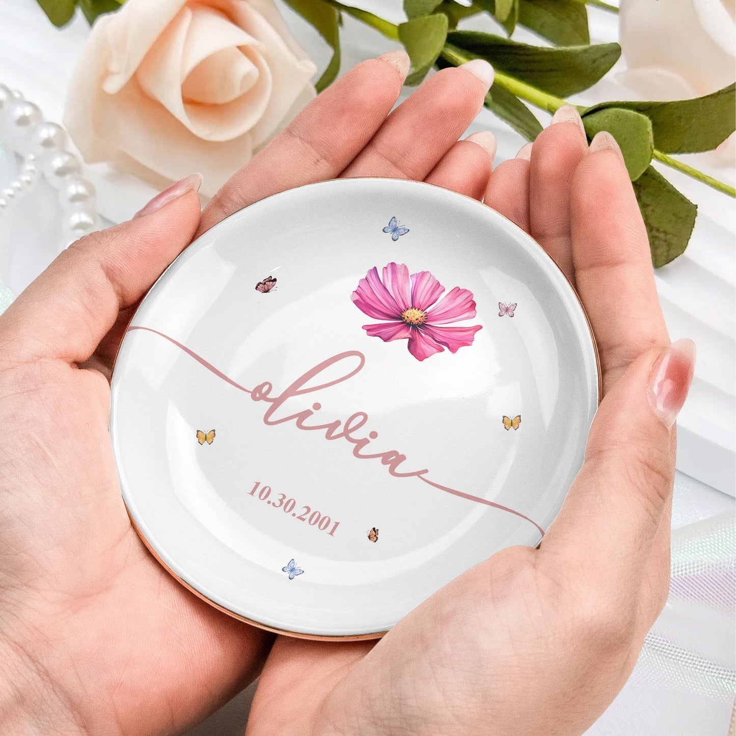 Custom Floral Jewelry Dish with Elegant Accents, Personalized Gift