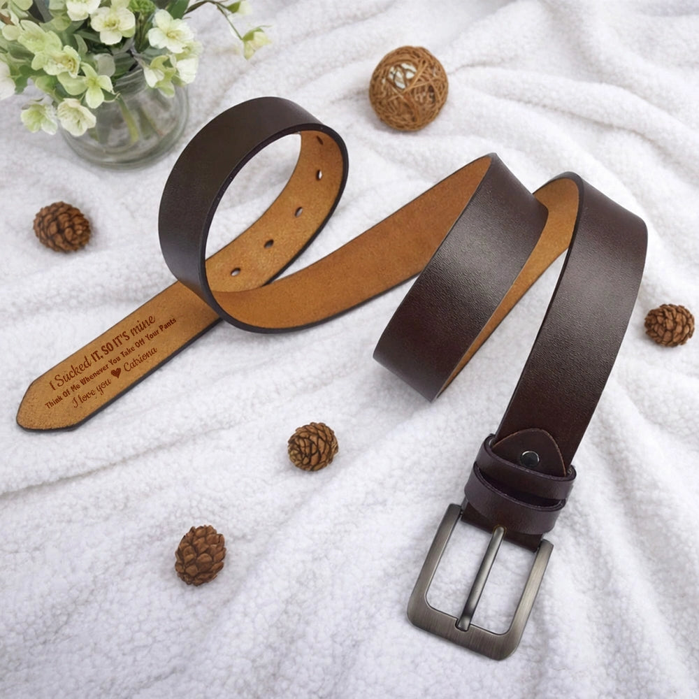 Personalized Leather Belt with Flirty Printed Message, Classic Brown Style, Unique Gift for Him or Your Partner
