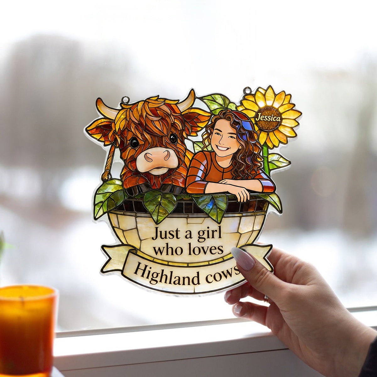 Custom Any Photo - Personalized Highland Cow Window Hanging Suncatcher Ornament