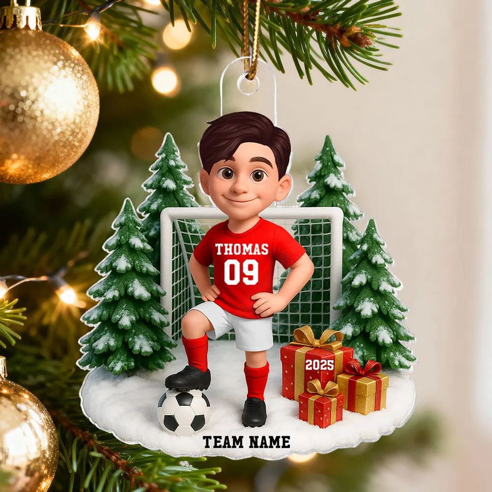 Kids Soccer Goal Ornament with Snowy Ball & Net Scene | Holiday Gift