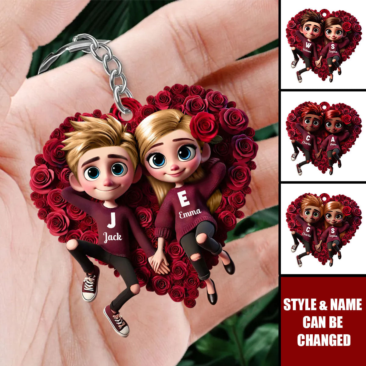 Romantic Rose Heart Couple Keychain - Personalized Valentine's Day Gift