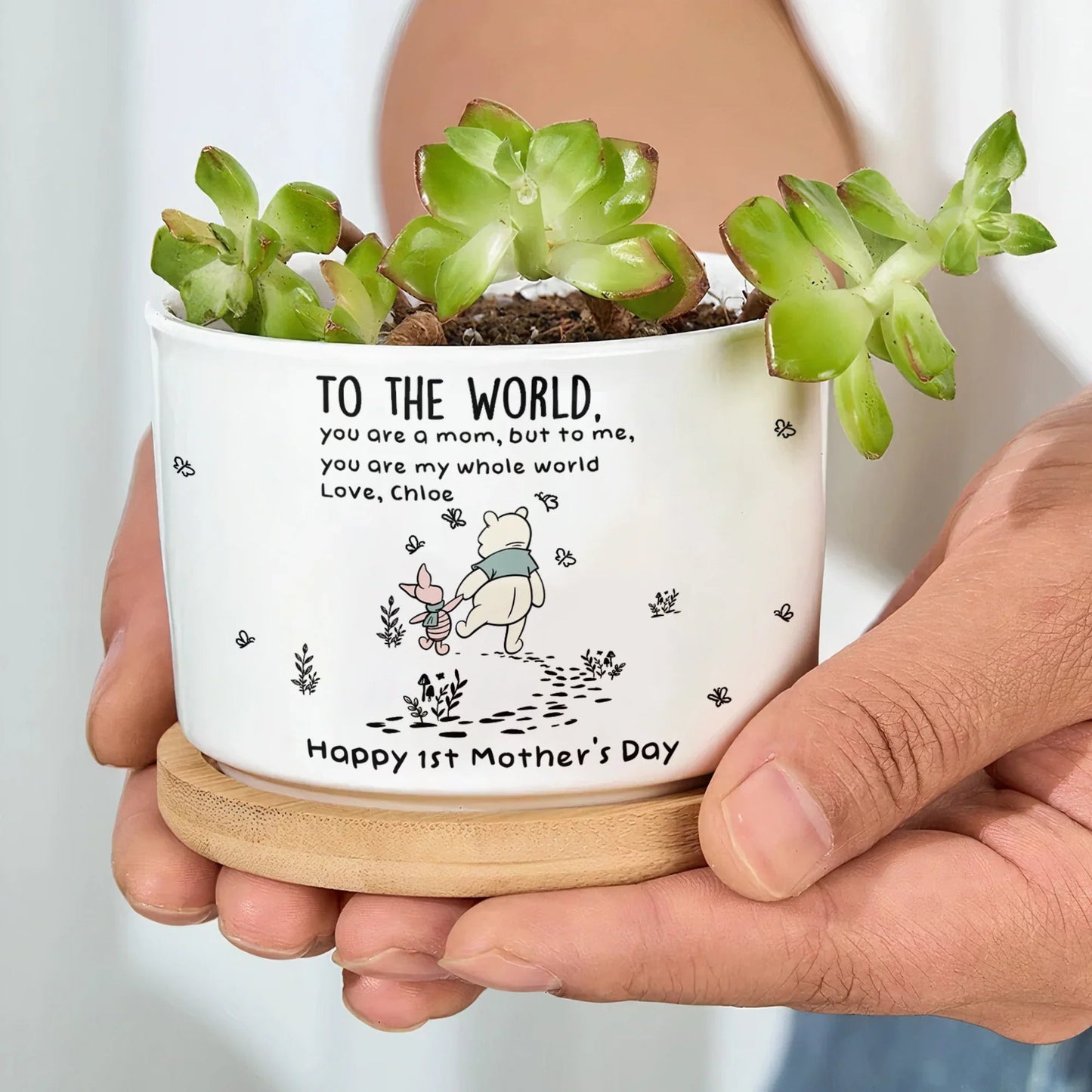 Ceramic Planter with Tray Personalized Gift, Winnie the Pooh Style Mom Quote for Cozy Window Decor, Unique Plant Lover Gift