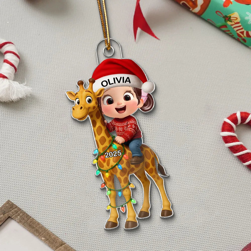 Cute Acrylic Ornament of Boy with Giraffe, Holiday Cheer, Gift-Ready Keepsake for Family and Friends