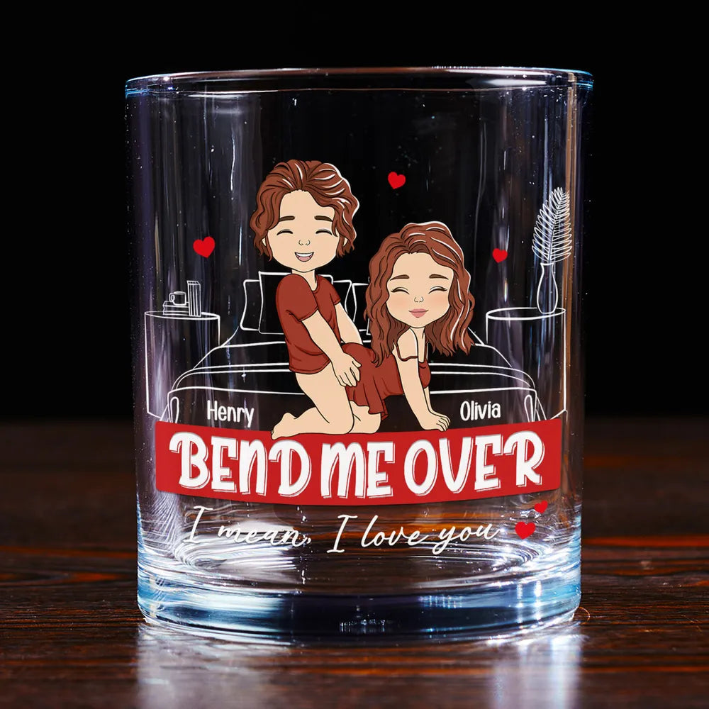 Custom Whiskey Glass with Playful Bedroom Couple Art 'I mean, I love you' Unique Romantic Gift