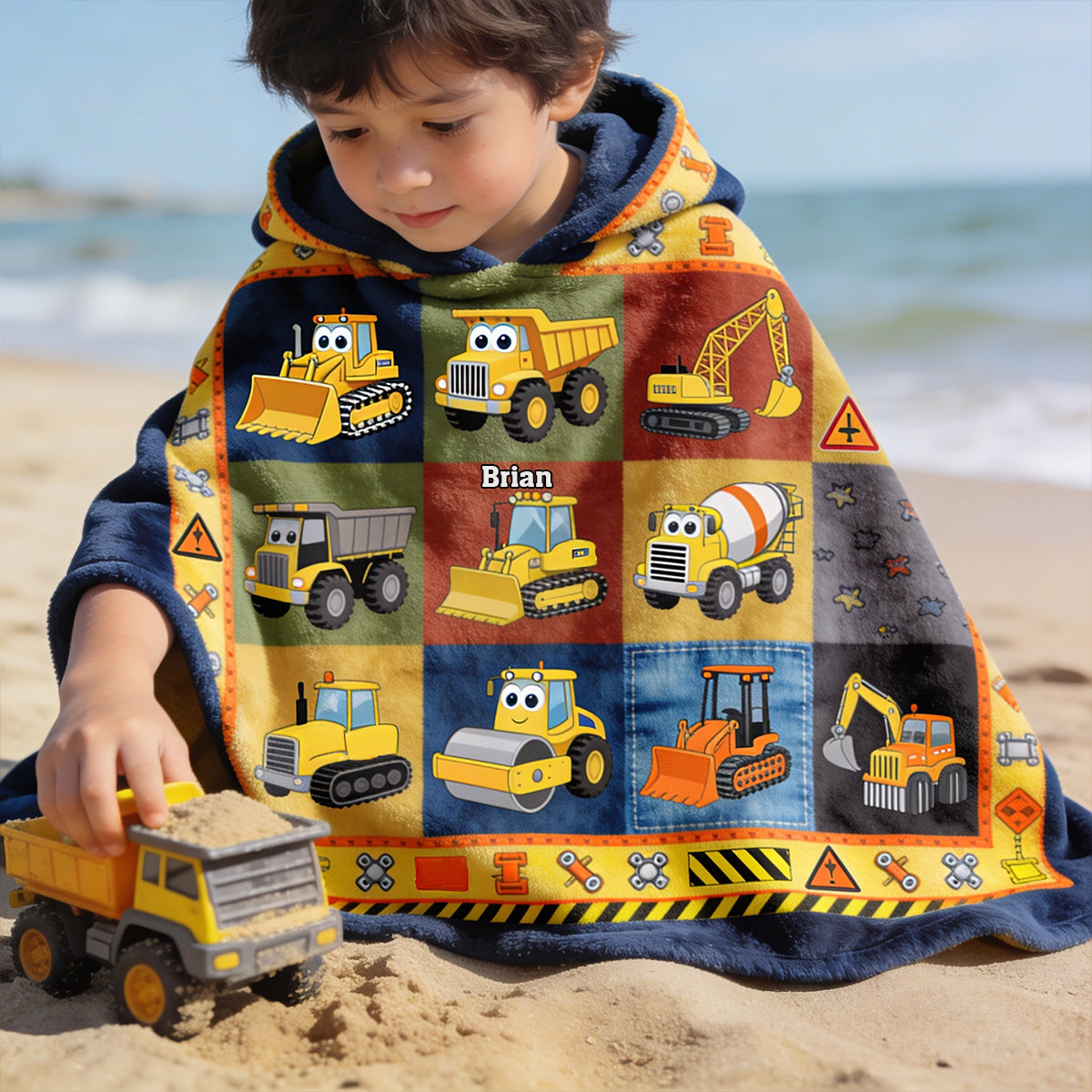 Construction Machines - Personalized Kid Hooded Towel Poncho