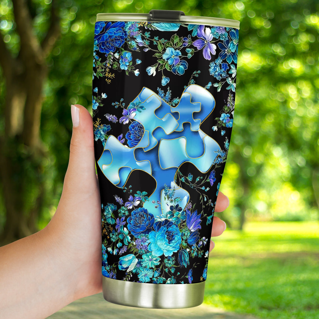 Blue Floral Puzzle Autism Awareness Tumbler 0622