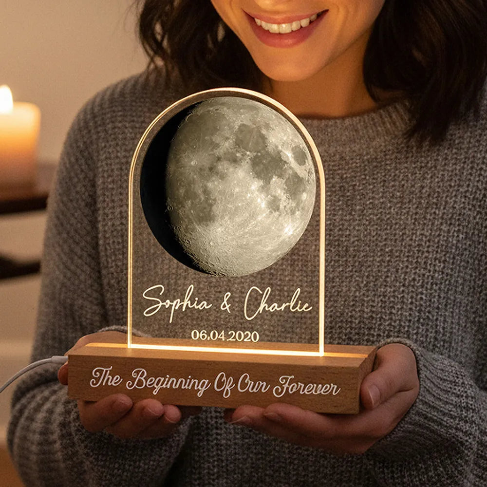 Personalized Moon Phase Block LED Light Plaque for Couple Anniversary Bedroom Decor, Warm Romantic Glow, Unique Gift