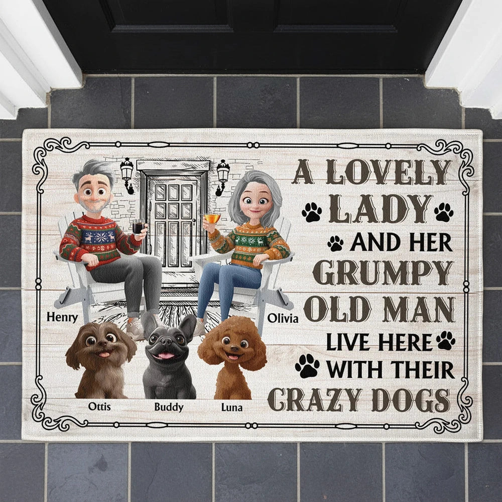 Custom Dog Lover Standard Doormat with Cartoon Couple & Crazy Pups - Personalized Housewarming Gift for Porch or Indoor Entryway