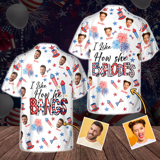 I Like How She Explodes, I Like How He Bangs - Personalized Couple Hawaiian Shirt
