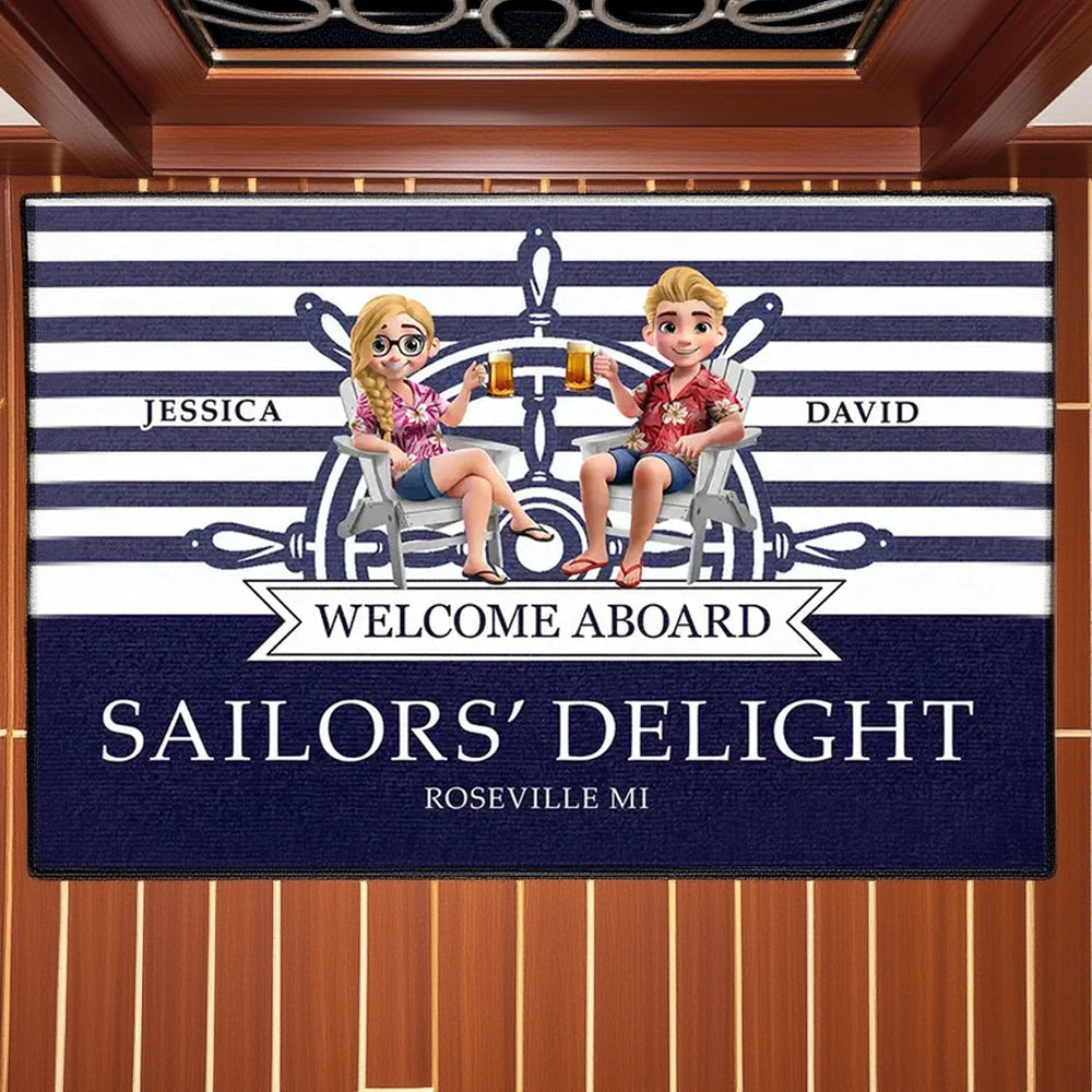 Welcome Aboard Personalized Standard Doormat for Boat Lovers, Cozy Coastal Entryway Vibe with Relaxing Couple Art, Unique Gift Idea