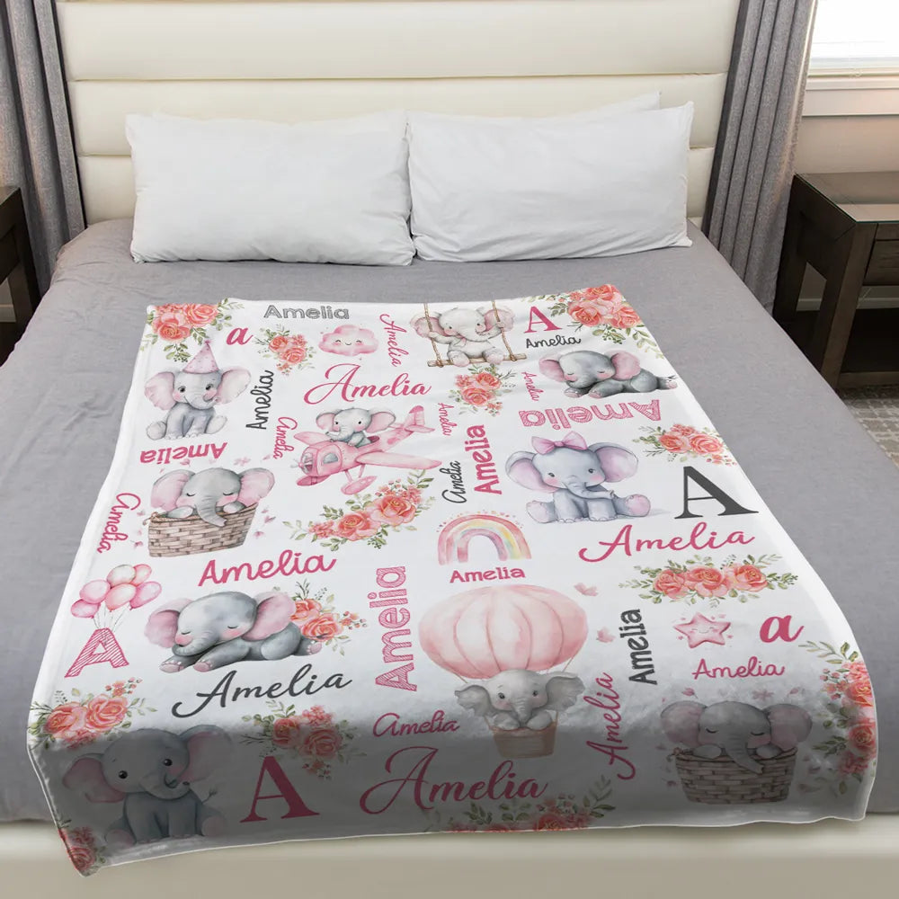 Custom Name Baby Fleece Blanket with Cute Pink Elephant Illustrations, Lightweight Cozy Throw, Adorable Personalized Gift
