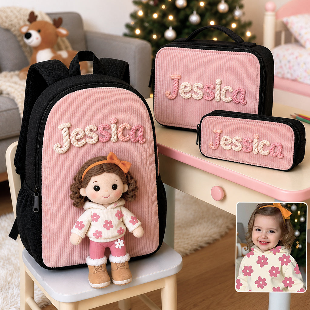 Kid Backpack, Lunch Bag, Pencil Case - Personalized Kid Back-To-School Combo & Plush Brooch