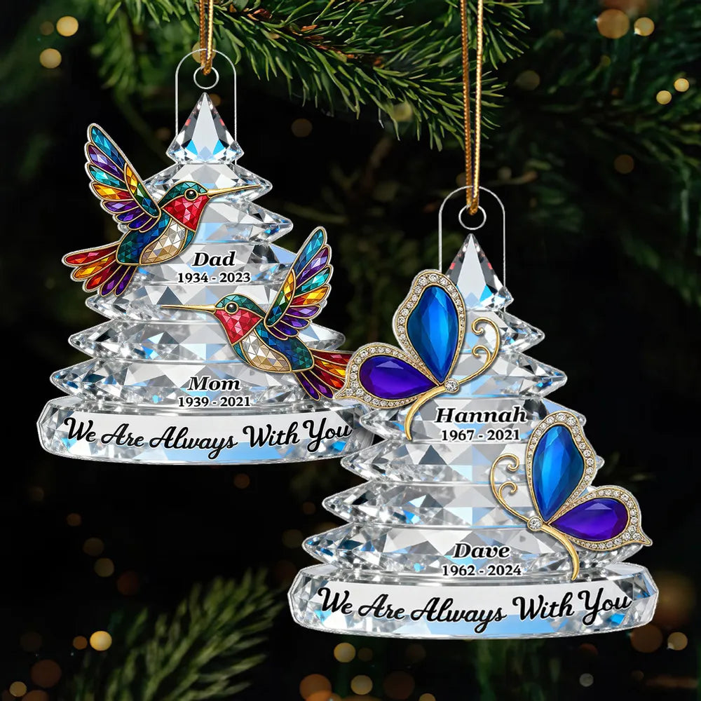 Personalized Memorial Acrylic Ornament with Colorful Hummingbirds, Christmas Tree Keepsake, Unique Sympathy Gift