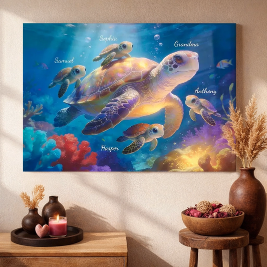 Underwater Grandma Turtle With Little Turtles Personalized Poster, Vibrant Ocean Decor, Meaningful Gift for Grandma and Family