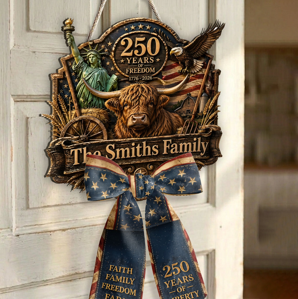 Celebrate 250th Anniversary, Highland Cow Lovers, Farmer Gift - Personalized Highland Cow Shaped Wood Sign With Sash