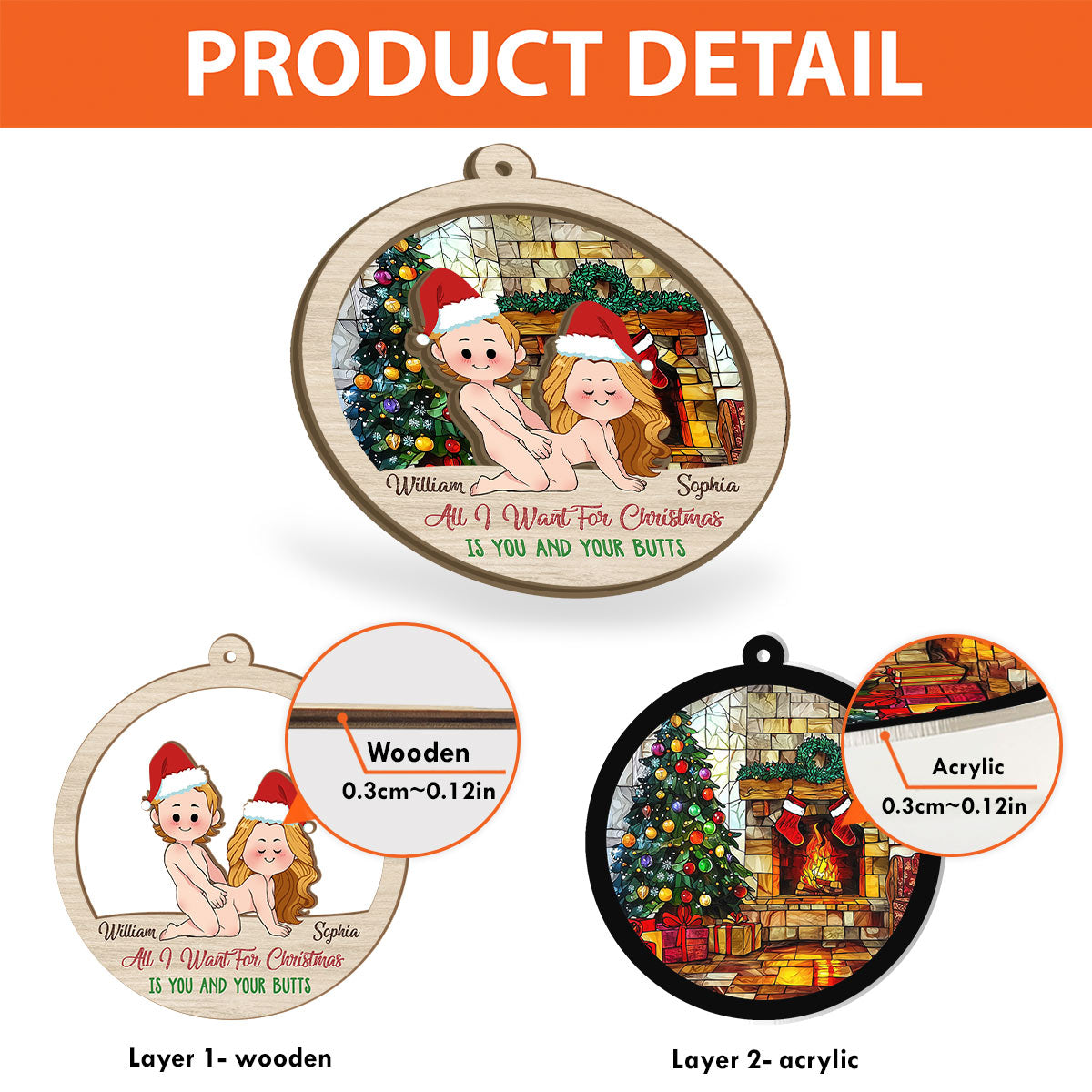 All I Want For Christmas Is You And Your Butt - Personalized Couple 2 Layered Window Hanging Suncatcher