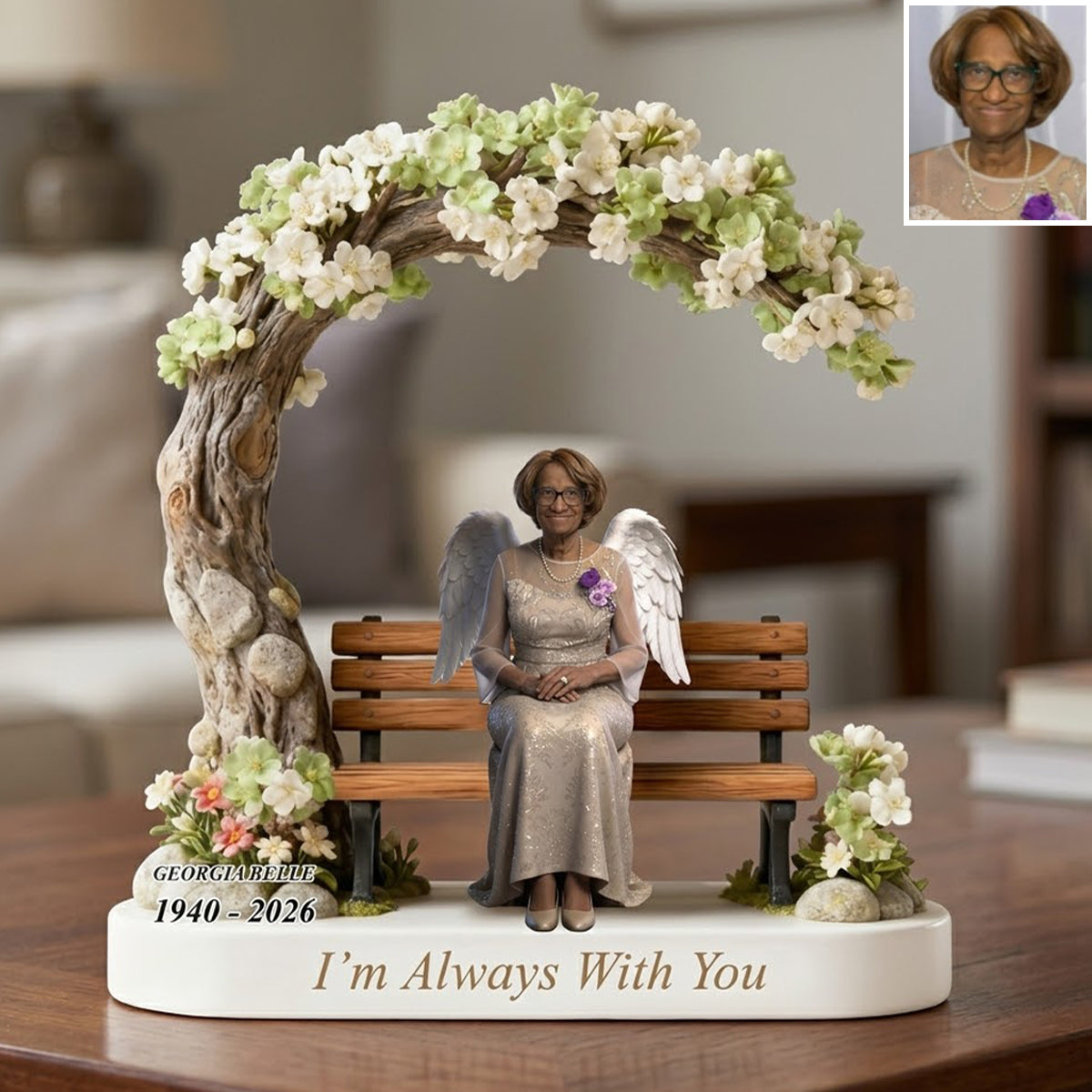Custom Memorial Black Grandma Bench Figurine - Personalized Funeral Remembrance Diorama Statue, Sympathy Gift for Loss of Grandmother Family Keepsake