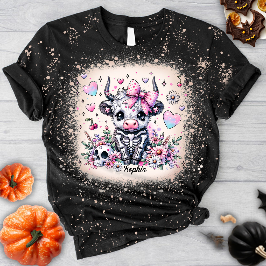 Cute Spooky Halloween Highland Cow - Personalized Bleached T-Shirt