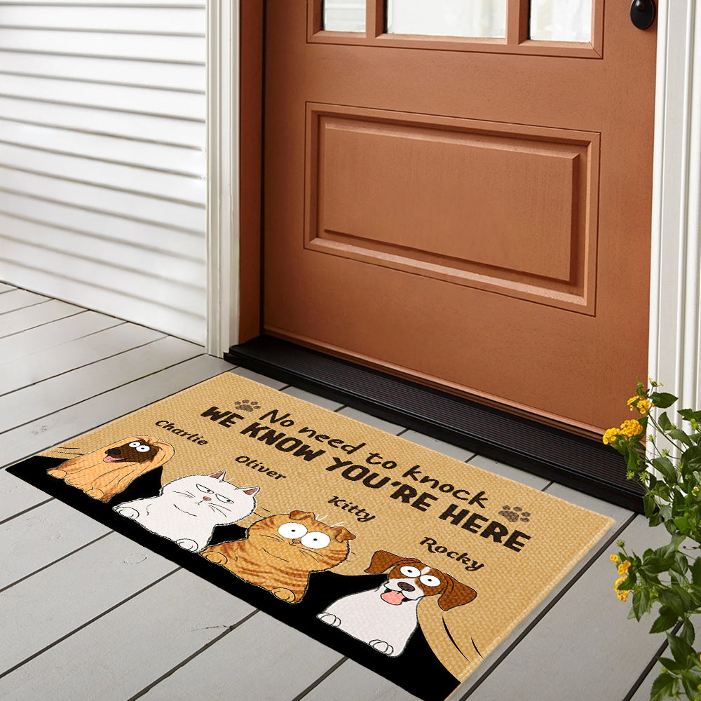 Personalized Pet Doormat – Funny 'No Need to Knock' Welcome Mat with Custom Dog & Cat Names – Perfect Gift for Dog & Cat Lovers, Housewarming Decor