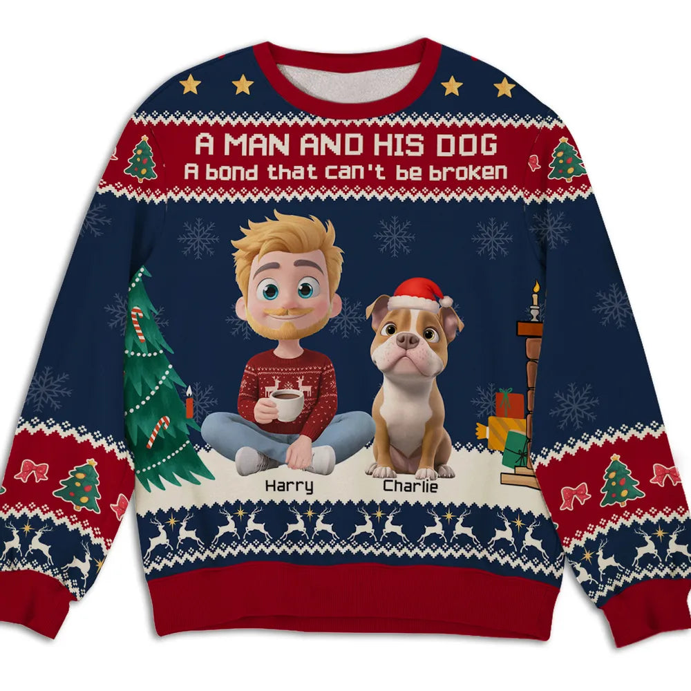 A Man and His Dog Sweatshirt, Custom All-Over Print, Cozy Christmas Cartoon, unique gift for dog dads & pet lovers